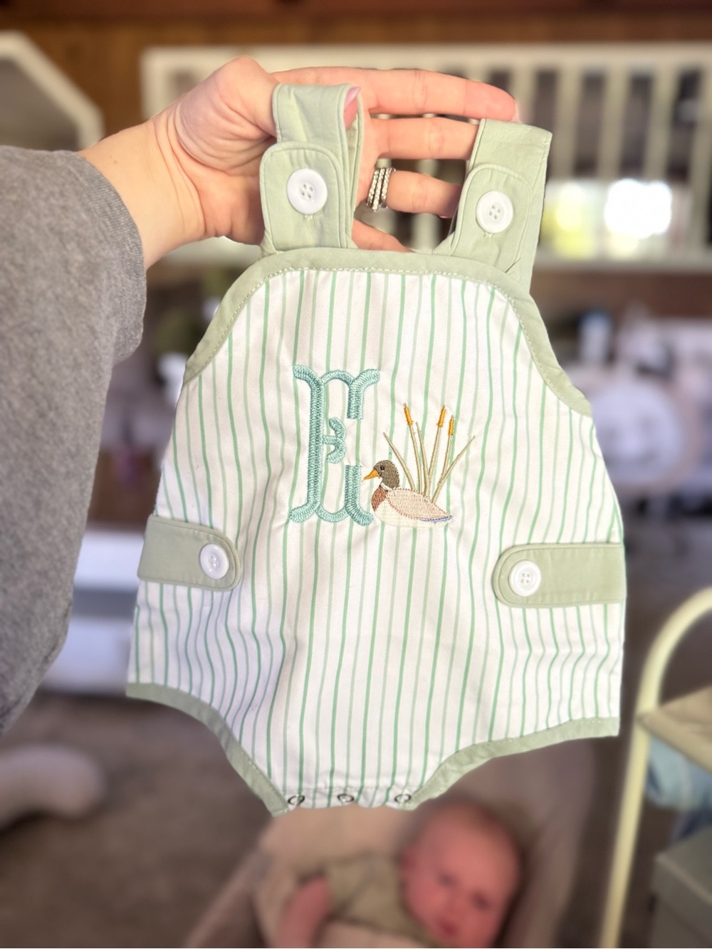 Monogrammed “E” Green Stripe Baby Romper with Embroidered Duck